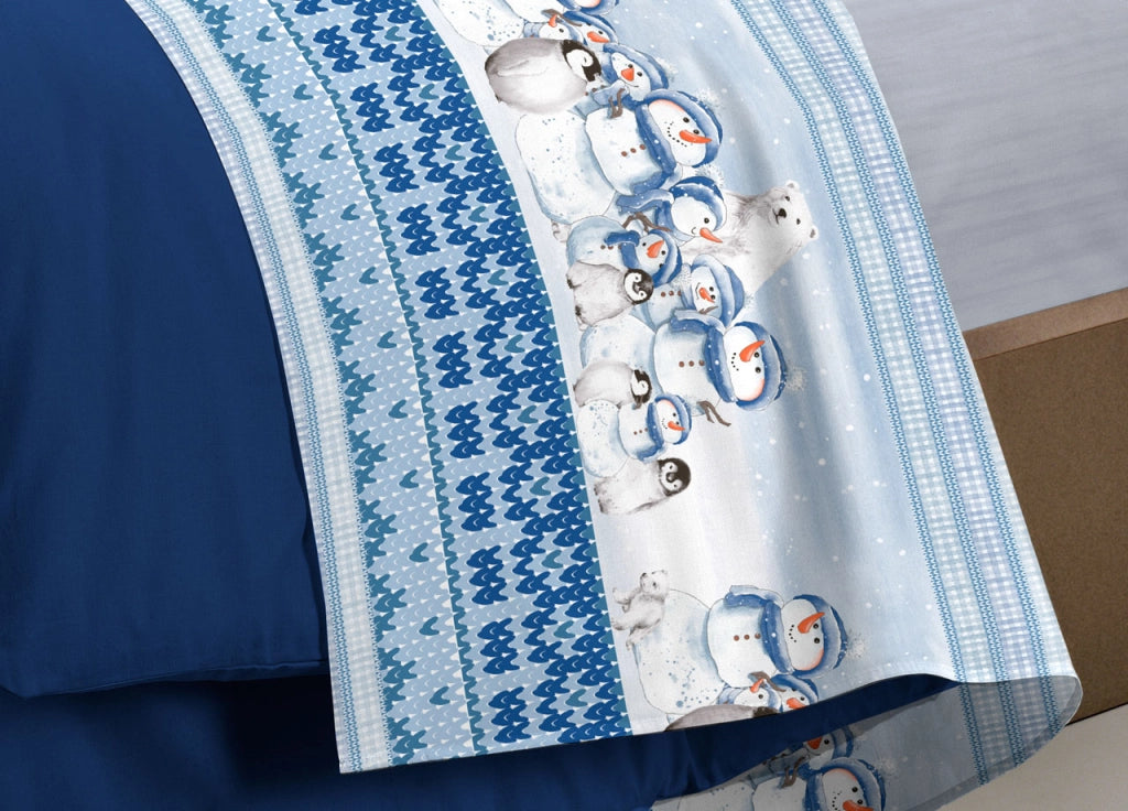 Completo Lenzuola Letto Pensieri Delicati 100% Cotone Dis. Inverno Polare - Piazza E Mezza - Blu