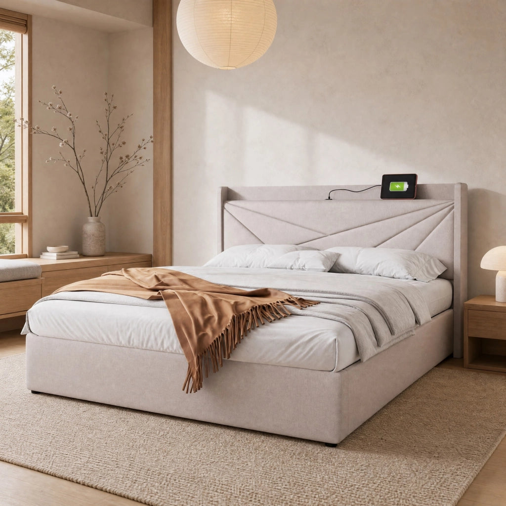 Letto matrimoniale 180x200 con testiera USB e contenitore salvaspazio