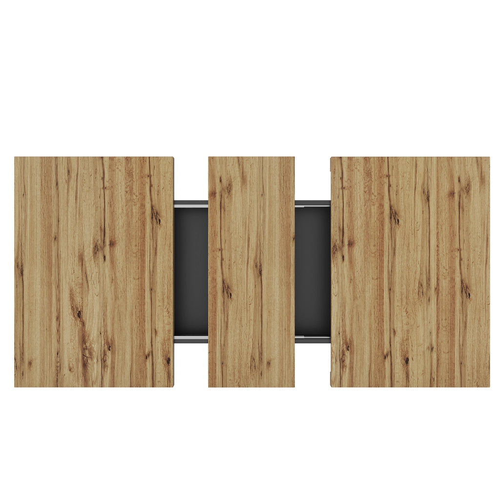 Tavolo allungabile con vano contenitore e ripiani regolabili in MDF e metallo nero naturale 110–140 × 80 × 75 cm