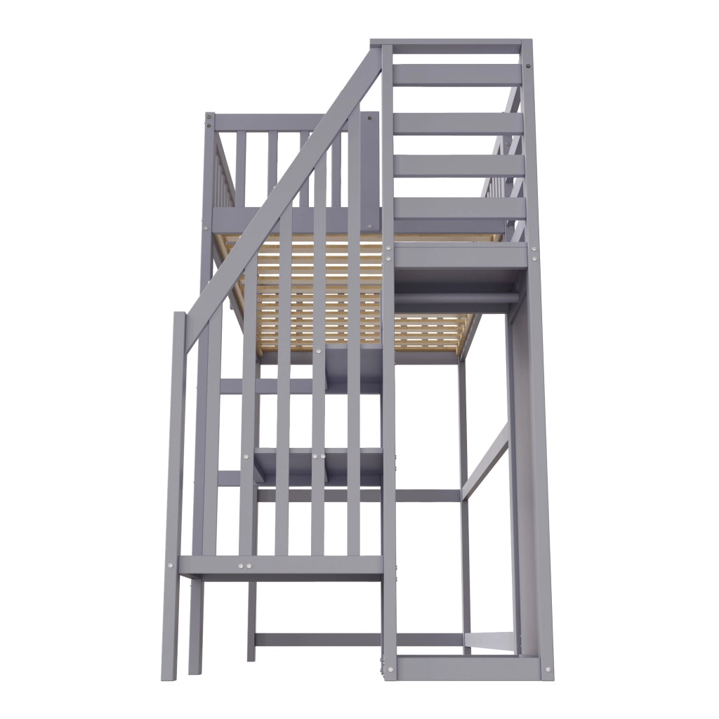 Letto a soppalco 90 × 200 cm con scala e armadio integrati; rete a 15 doghe; in legno grigio