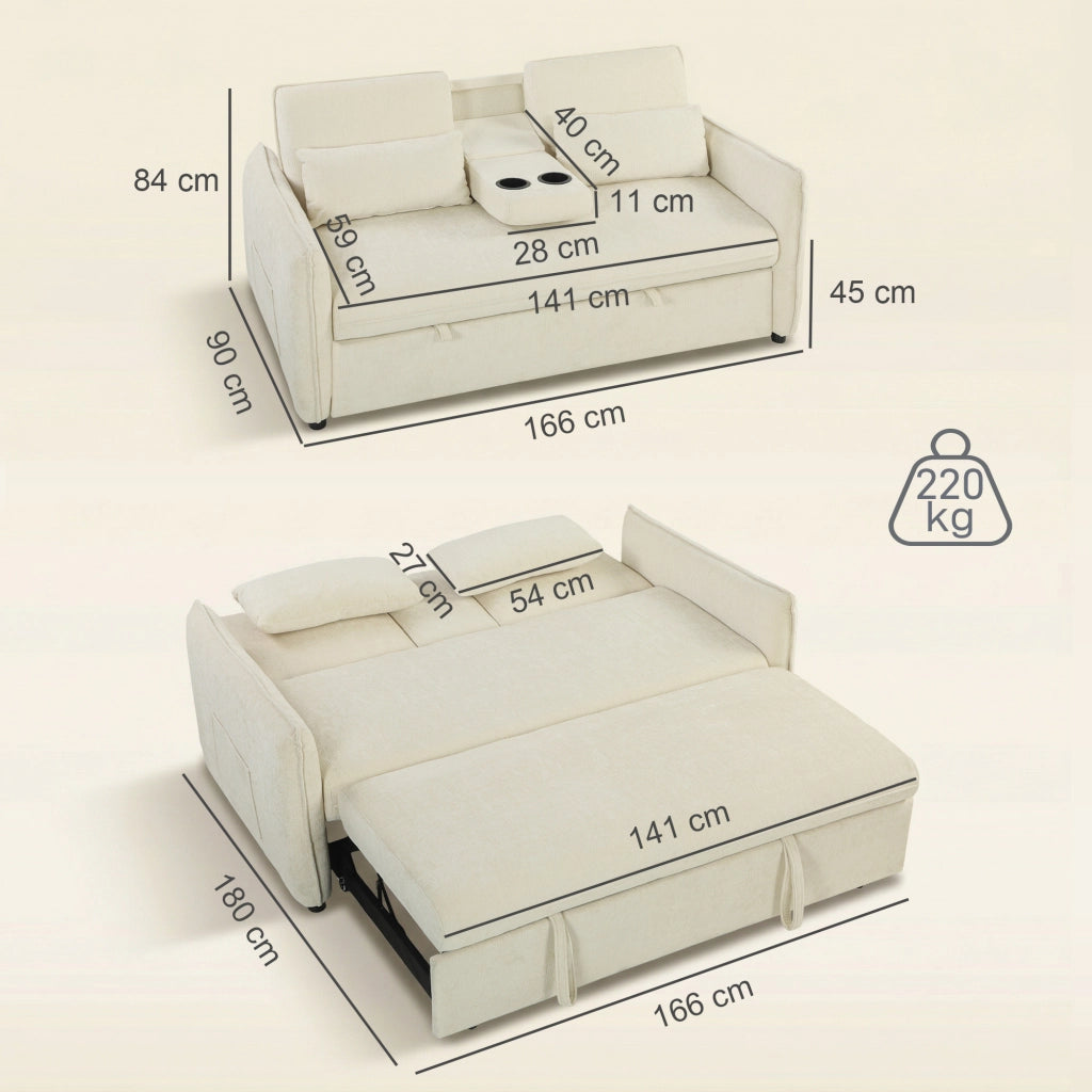 Divano letto 2 posti con schienale regolabile ¨C Xylo ¨C tessuto ciniglia beige con 2 cuscini