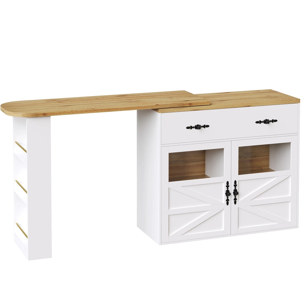 Tavolo Bar Estensibile con Ruota a 360°, MDF Bianco, 138-204×39×104 cm, Mobile Sideboard con Scaffali