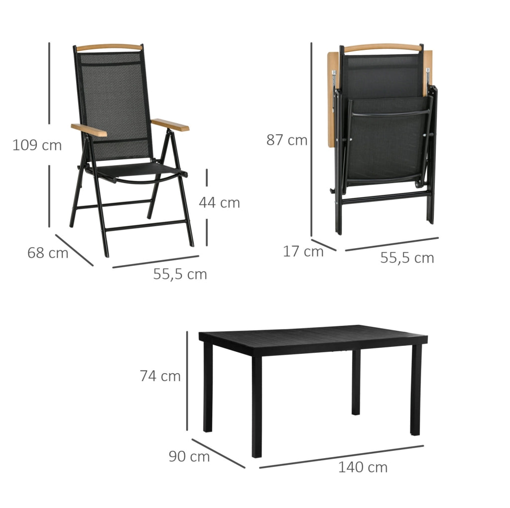Set da giardino pieghevole per 6 persone con tavolo in alluminio e sedie nere in rete