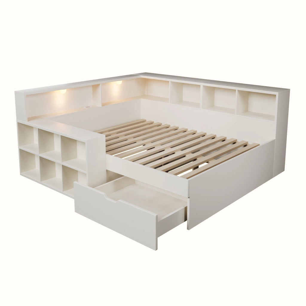 Letto 140x190 cm con vani portaoggetti; luci e porte di ricarica in legno bianco