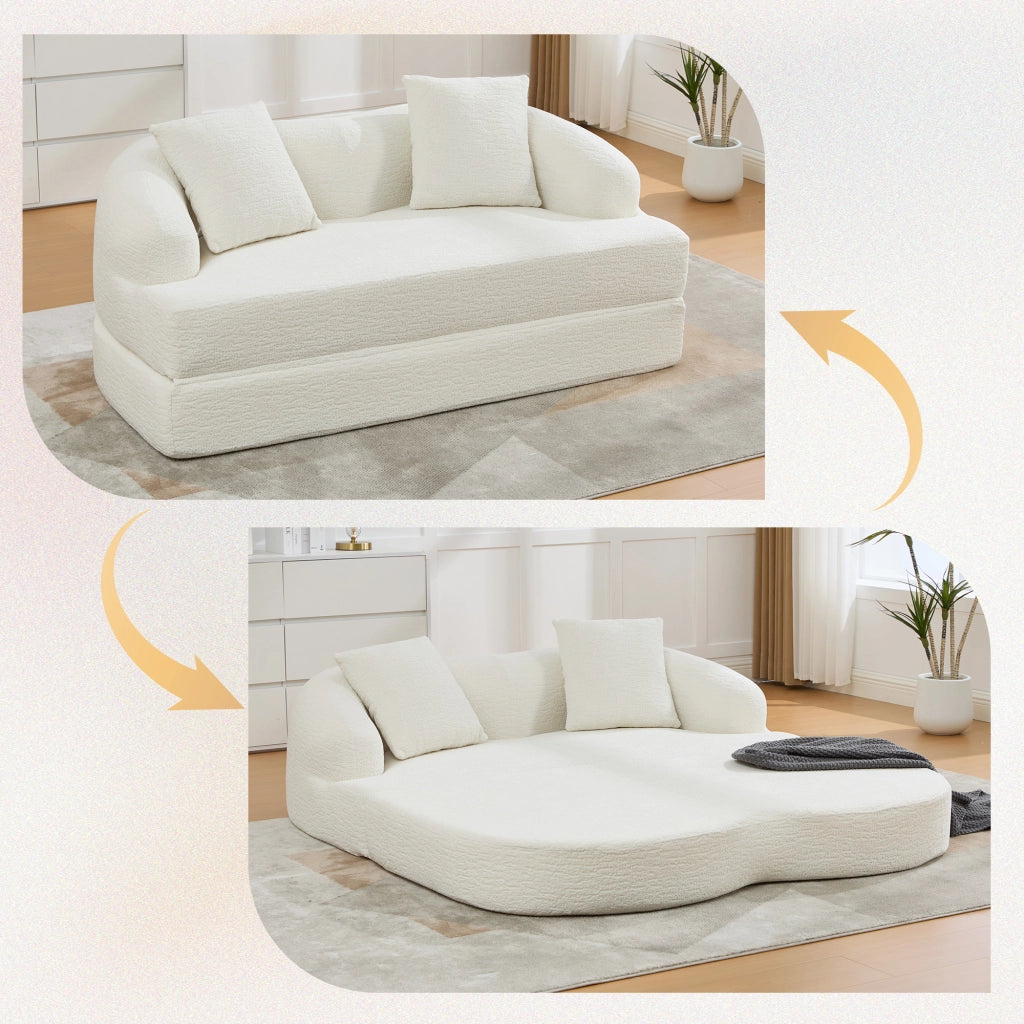 Divano letto 2 posti pieghevole con funzione letto e doppio schienale ergonomico in ciniglia beige 157×84×65 cm
