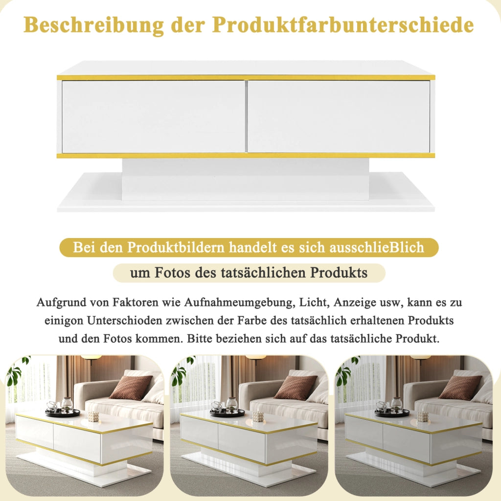 Tavolino da caffè LED 100x50x40 cm con 3 cassetti; bianco lucido e oro
