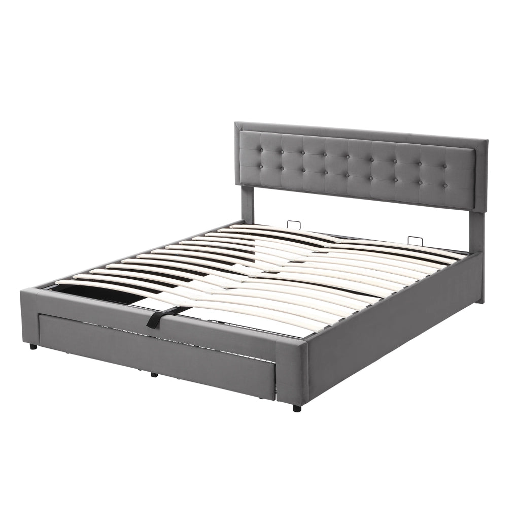 Letto 180x200 cm con contenitore idraulico e cassetti in velluto grigio