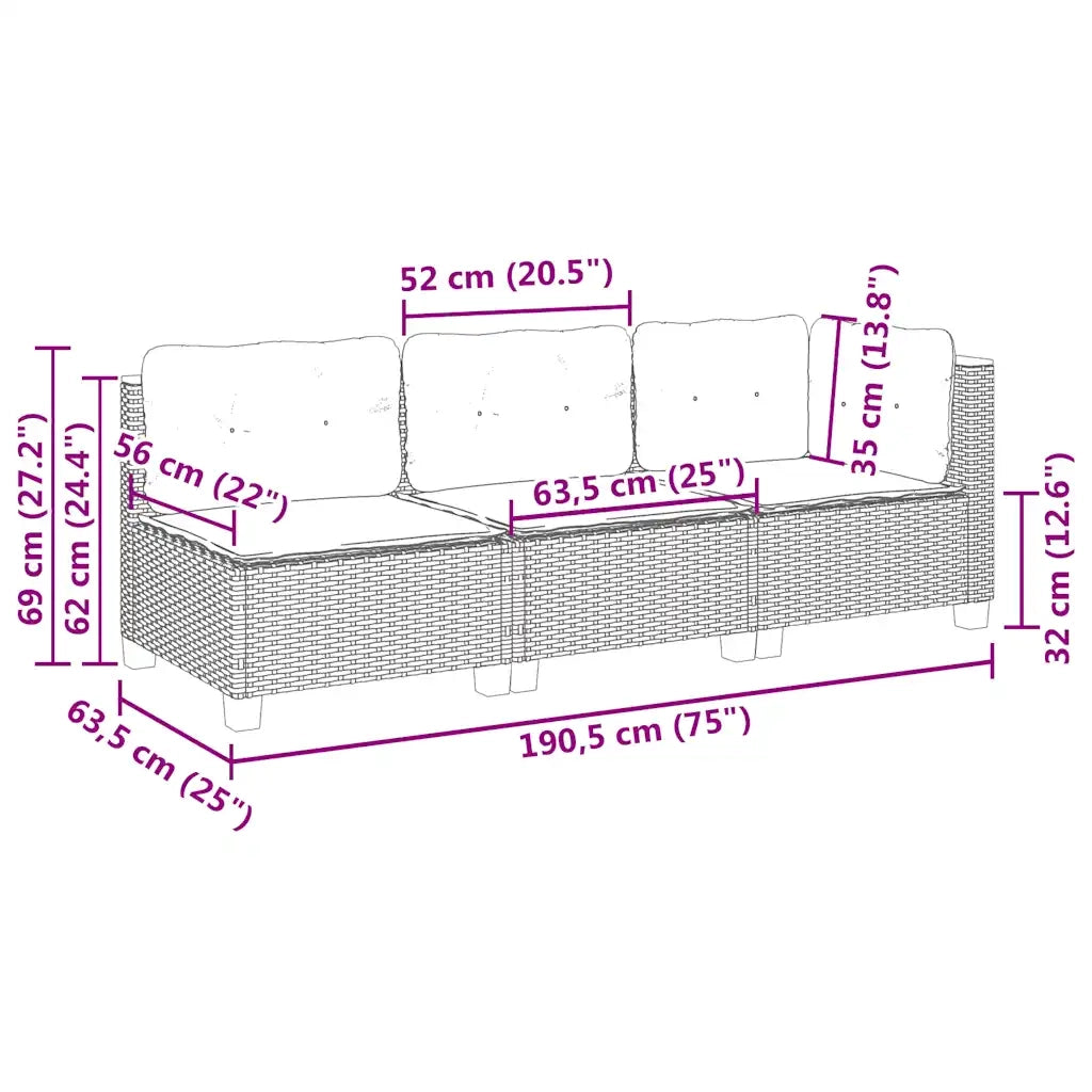 Divano da Giardino con Cuscini a 3 Posti-Sofa da Giardino-Divano da esterno Beige in Polyrattan 982455