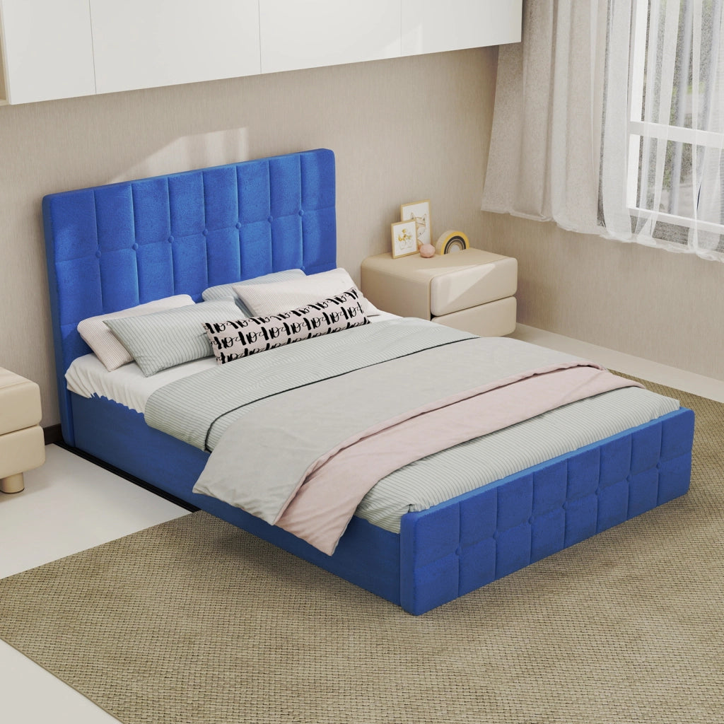 Letto imbottito per materasso 140 × 200 cm con testiera integrata rivestito in velluto blu navy