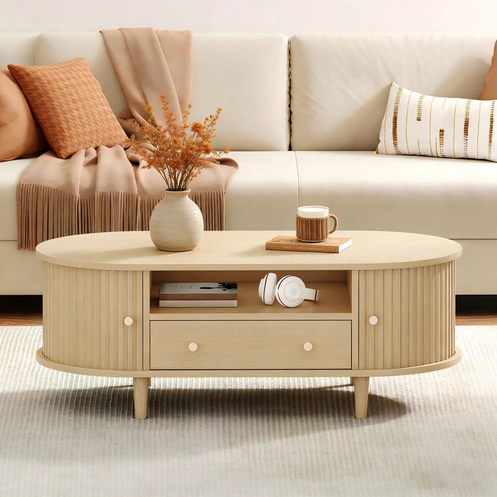 Tavolino da salotto ovale con cassetto, vano aperto e 2 ante a rullo per soggiorno, in mdf rovere, 100 × 50 × 36 cm