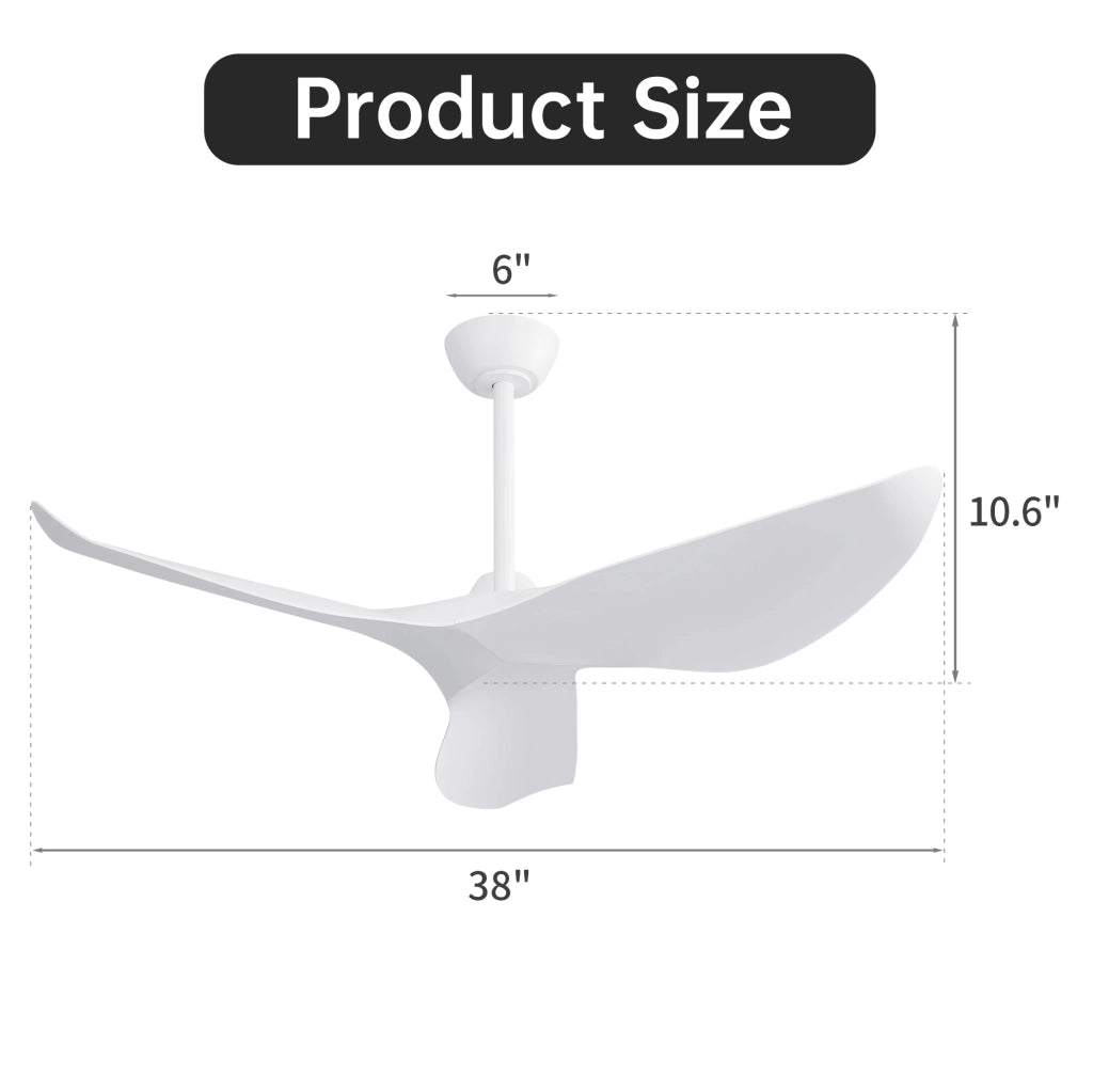 Ventilatore da soffitto ULEVR 96 cm senza luce, 3 pale ABS bianche, motore DC reversibile con telecomando