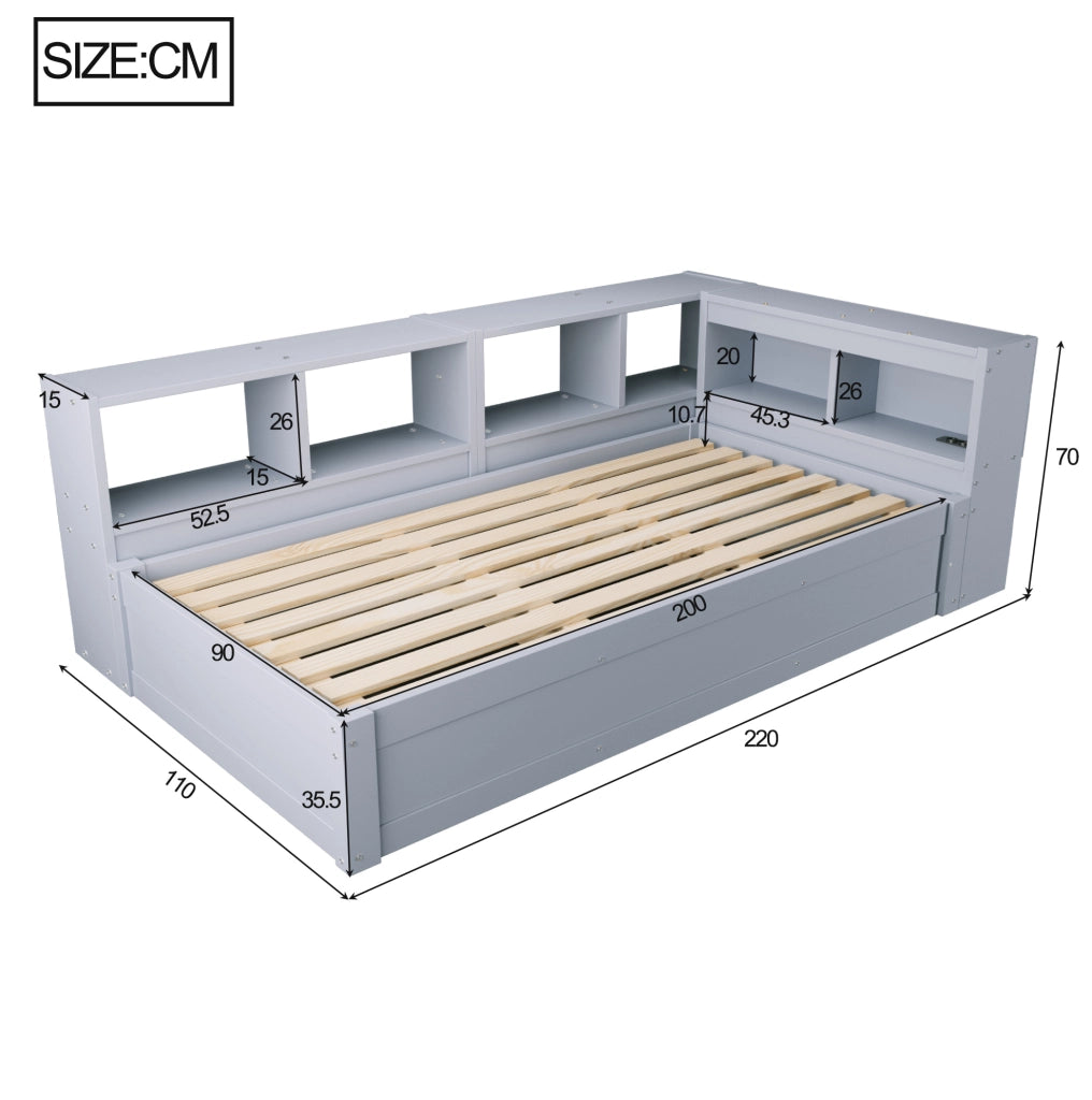Letto multifunzione 90 x 200 cm grigio con LED, presa integrata e contenitore idraulico