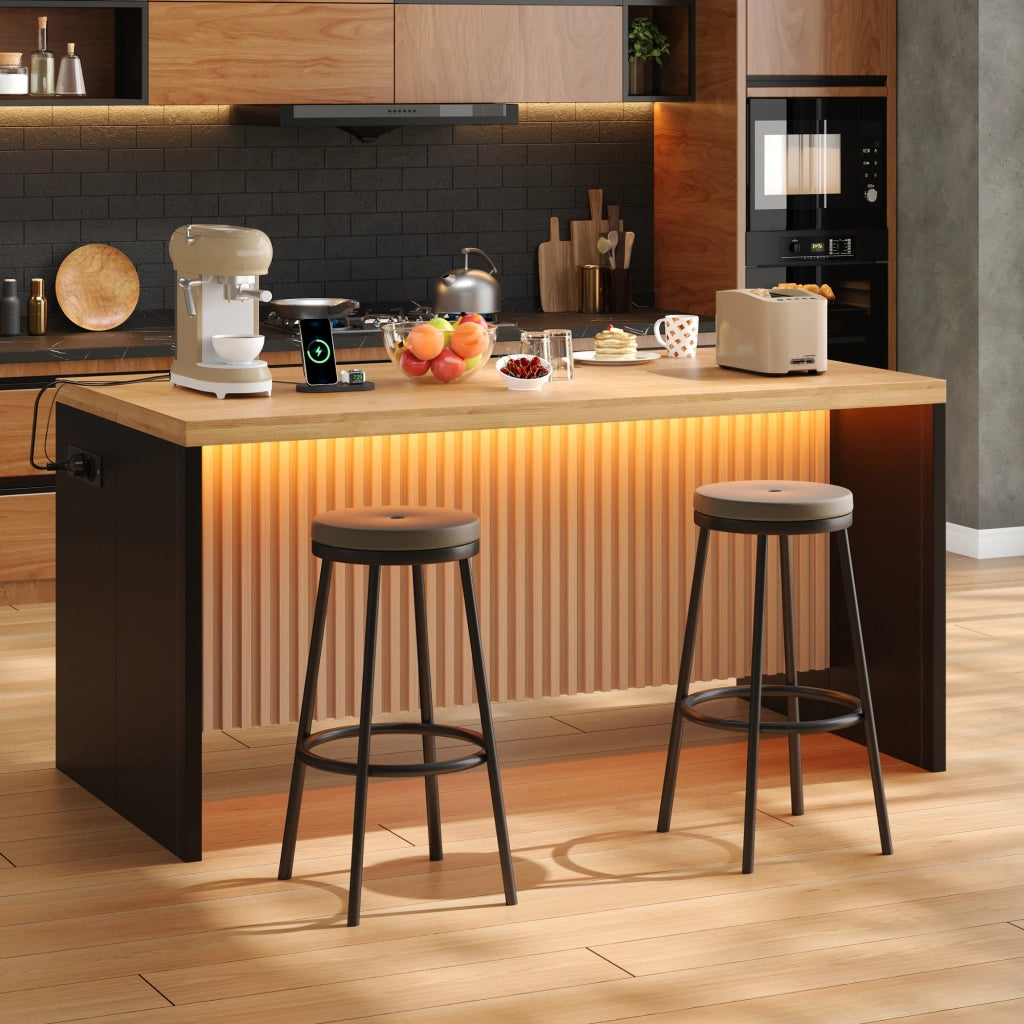 Isola cucina stile industriale 155x80x90 cm effetto legno e nero con prese; USB e illuminazione LED; MDF