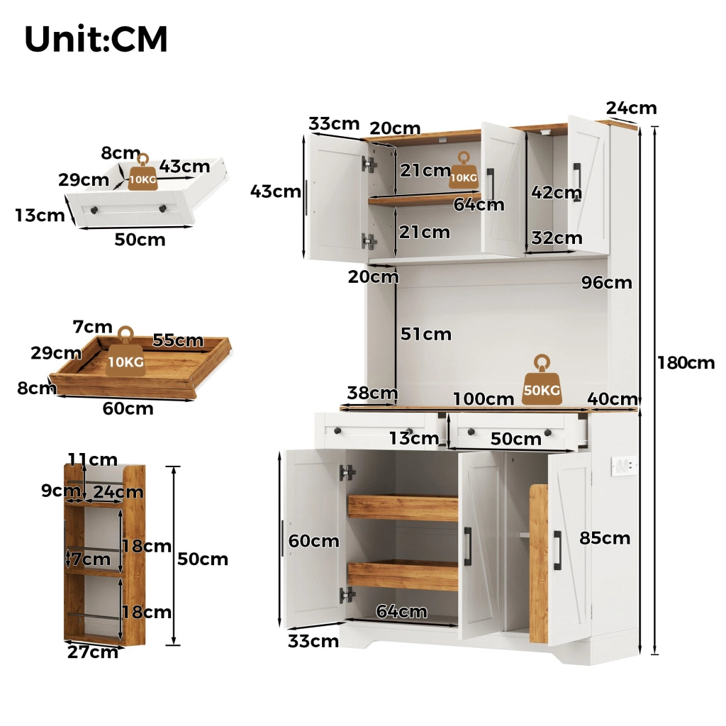 Dispensa da cucina con 2 cassetti; LED RGB e prese - per cucina - 100×40×180 cm