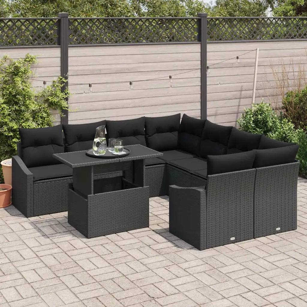 Set Divano da Giardino con cuscino 9 pcs Nero polyrattan