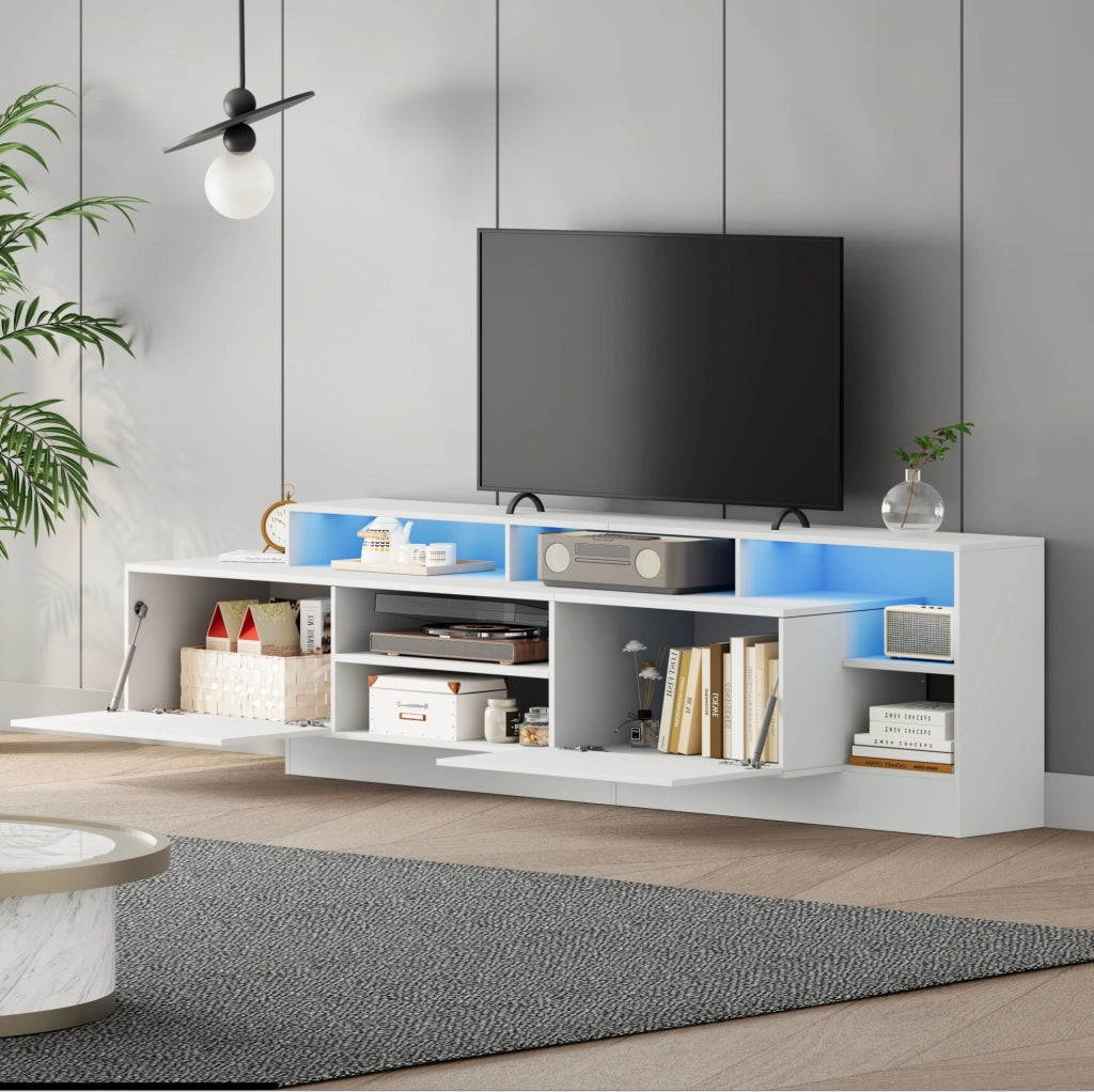 Mobile TV 190 cm bianco con LED; 2 ante a ribalta e vani a giorno HOMVRA