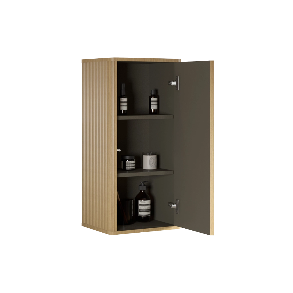 Armadietto da parete con anta push to open in MDF e compensato rovere