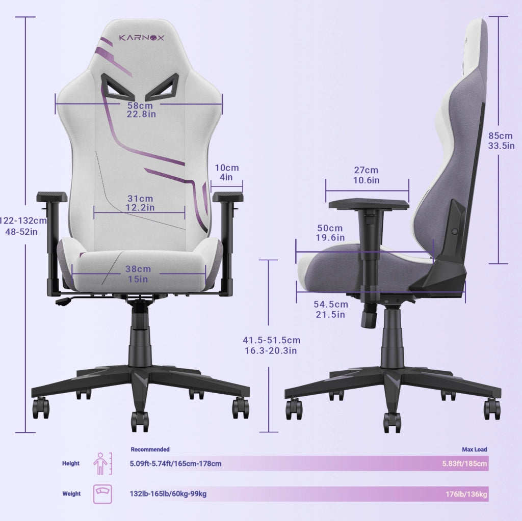 Sedia gaming ULEVR in tessuto bianco e viola con schienale reclinabile, supporto lombare e poggiatesta