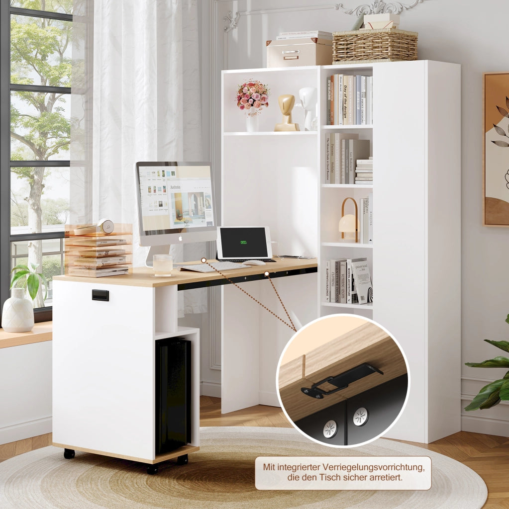 Scrivania pieghevole 2 in 1 con libreria e prese USB
