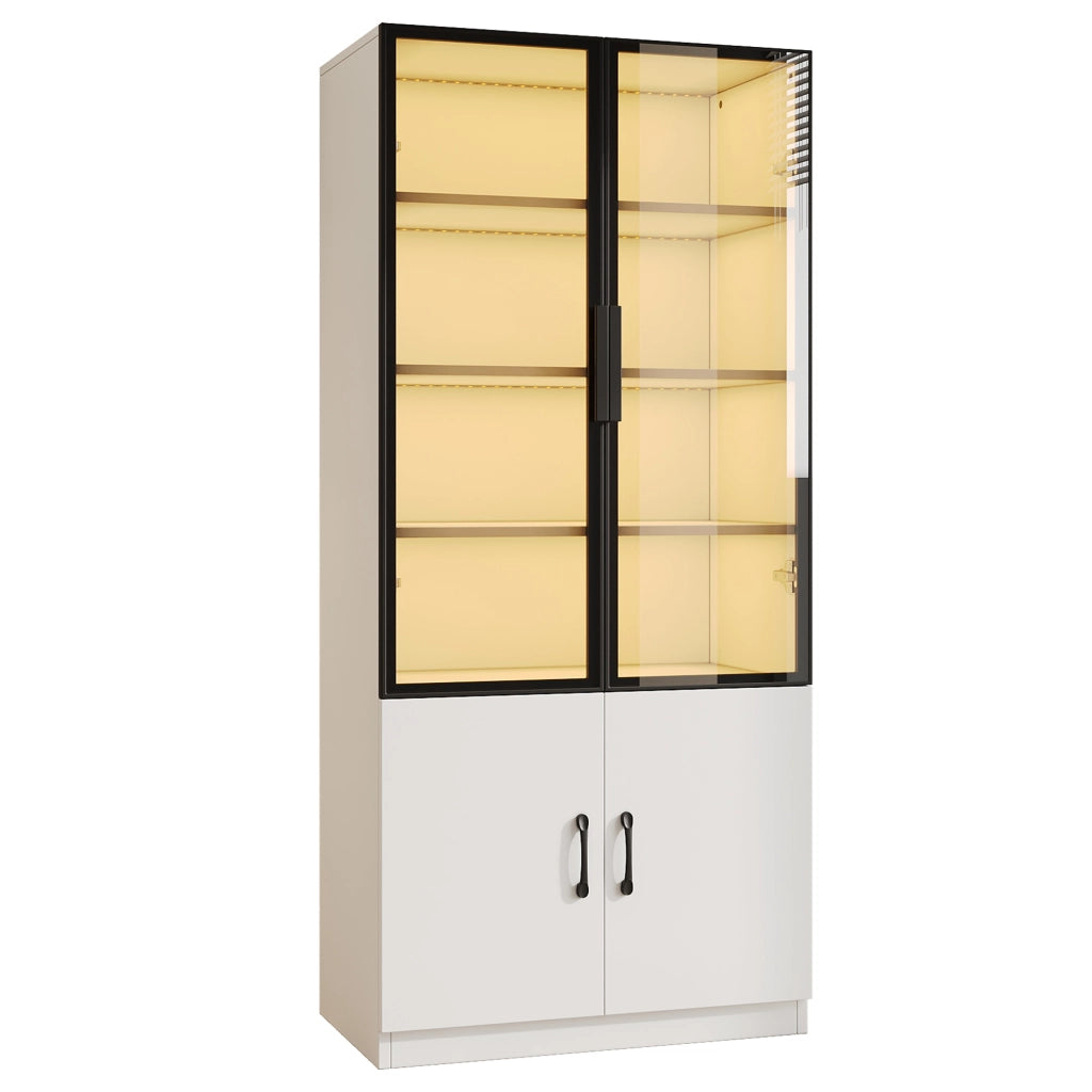 Vetrina con LED multicolore e 2 ante, ripiani espositivi e vano chiuso per soggiorno, bianca, 60 × 40 × 160 cm