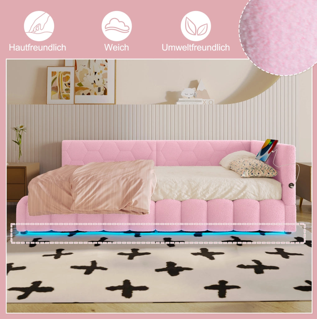 Letto a giorno 90x200 cm con rete; LED; USB e Type-C; rosa