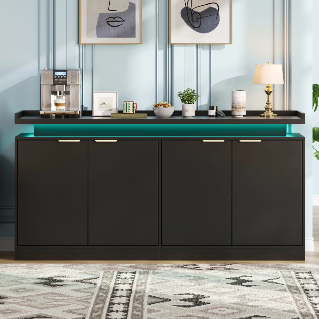 Credenza da cucina con 4 ante; ripiani fissi e LED RGB con controllo app in MDF nero 160 × 39 × 83 cm