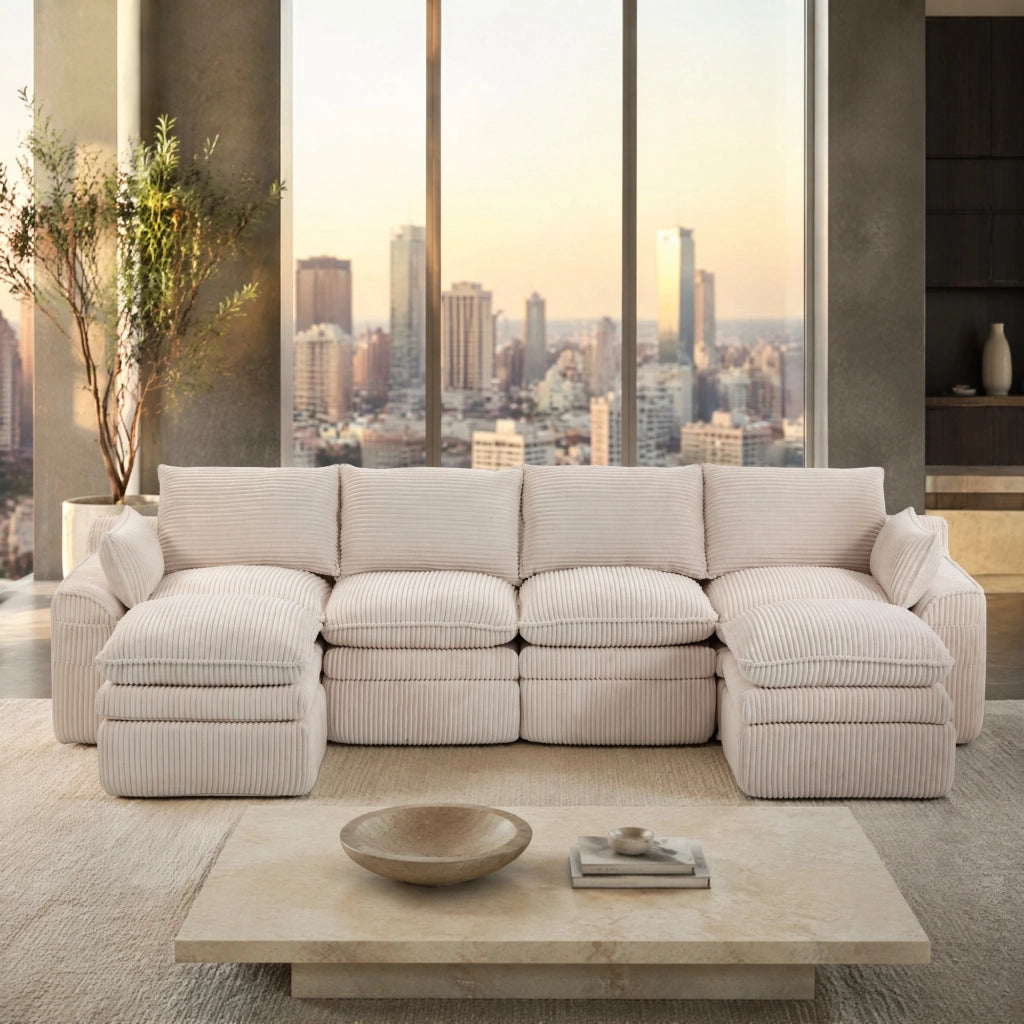 Divano modulare 335x167x85 cm in velluto a coste beige, 4 posti, salvaspazio