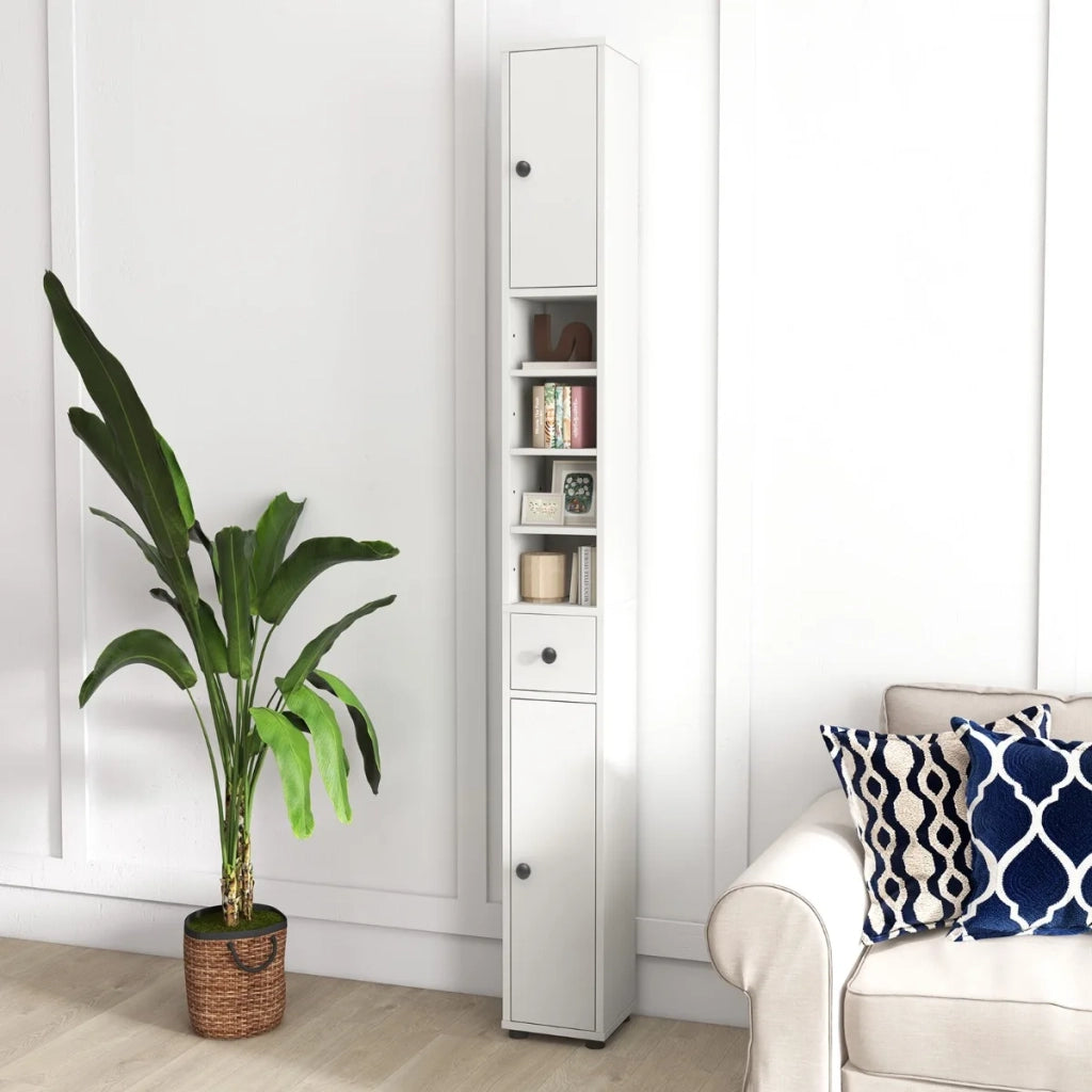 Armadio alto da bagno a colonna, 180 cm, 2 ante e 1 cassetto, MDF bianco, salvaspazio per casa