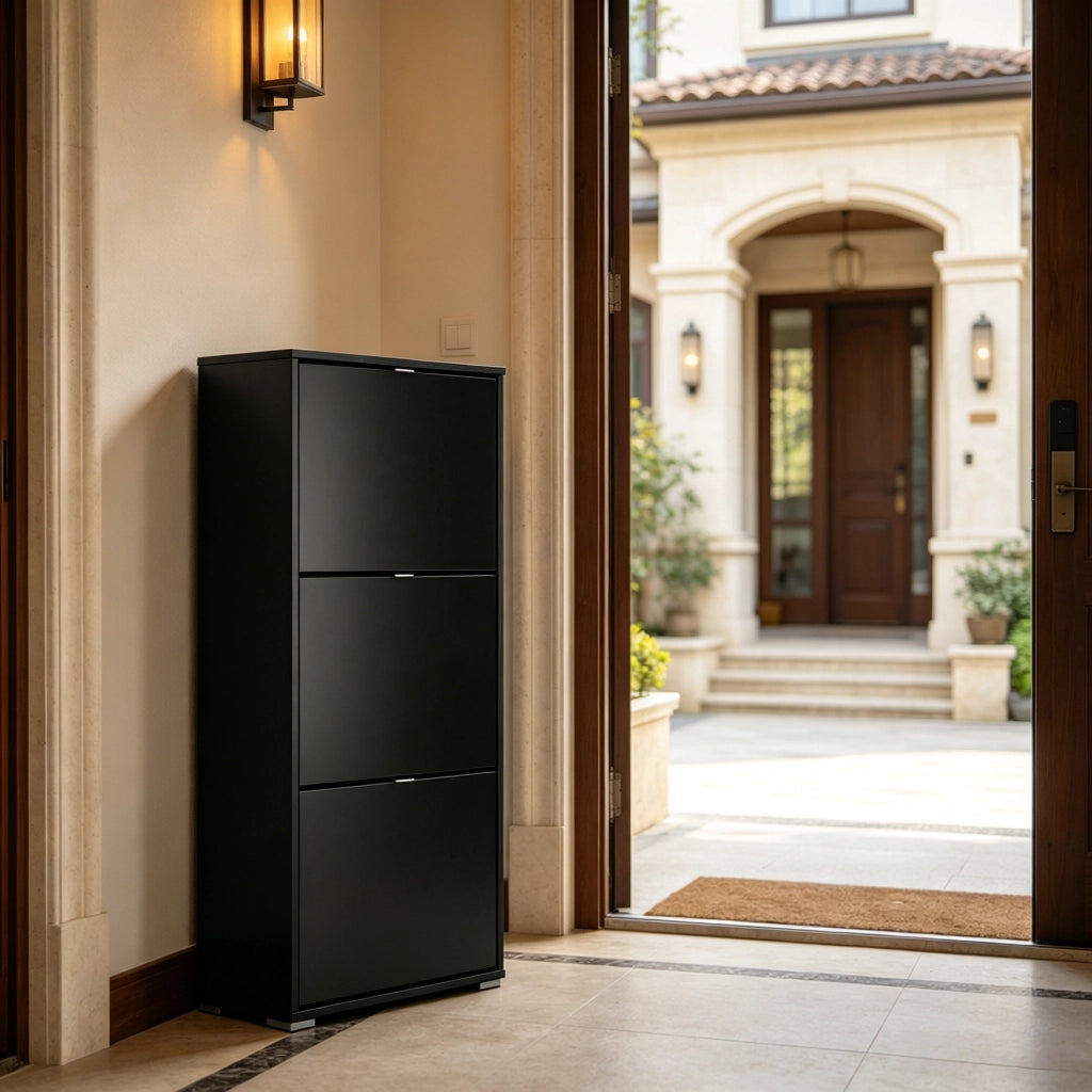Scarpiera con 3 ante a ribalta e divisori regolabili in MDF nero con vassoio superiore 60 × 26 × 124 cm