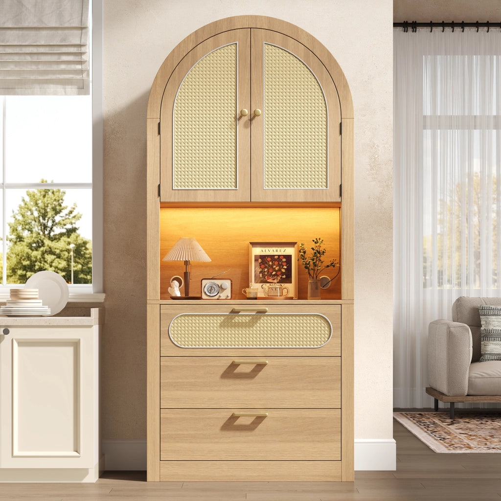 Mobile contenitore con ante in rattan e LED 80x35x180 cm, rovere chiaro