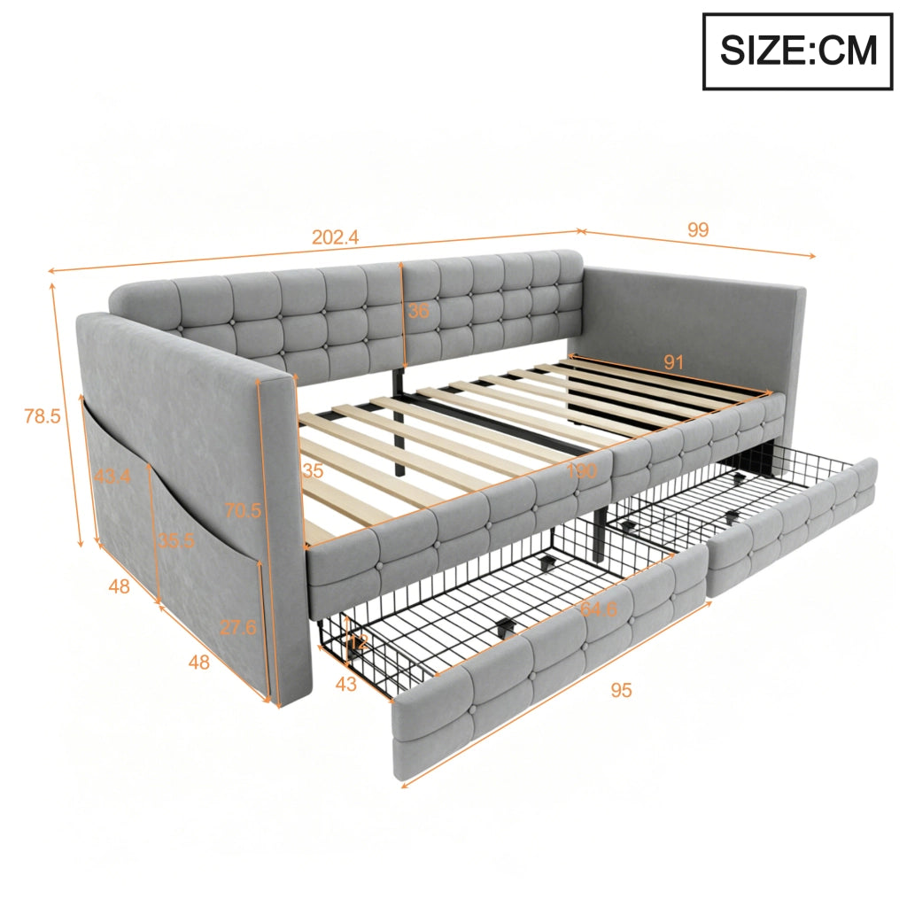 Letto singolo imbottito 90 × 190 cm in velluto grigio chiaro con tasche laterali e due cassetti sottoletto
