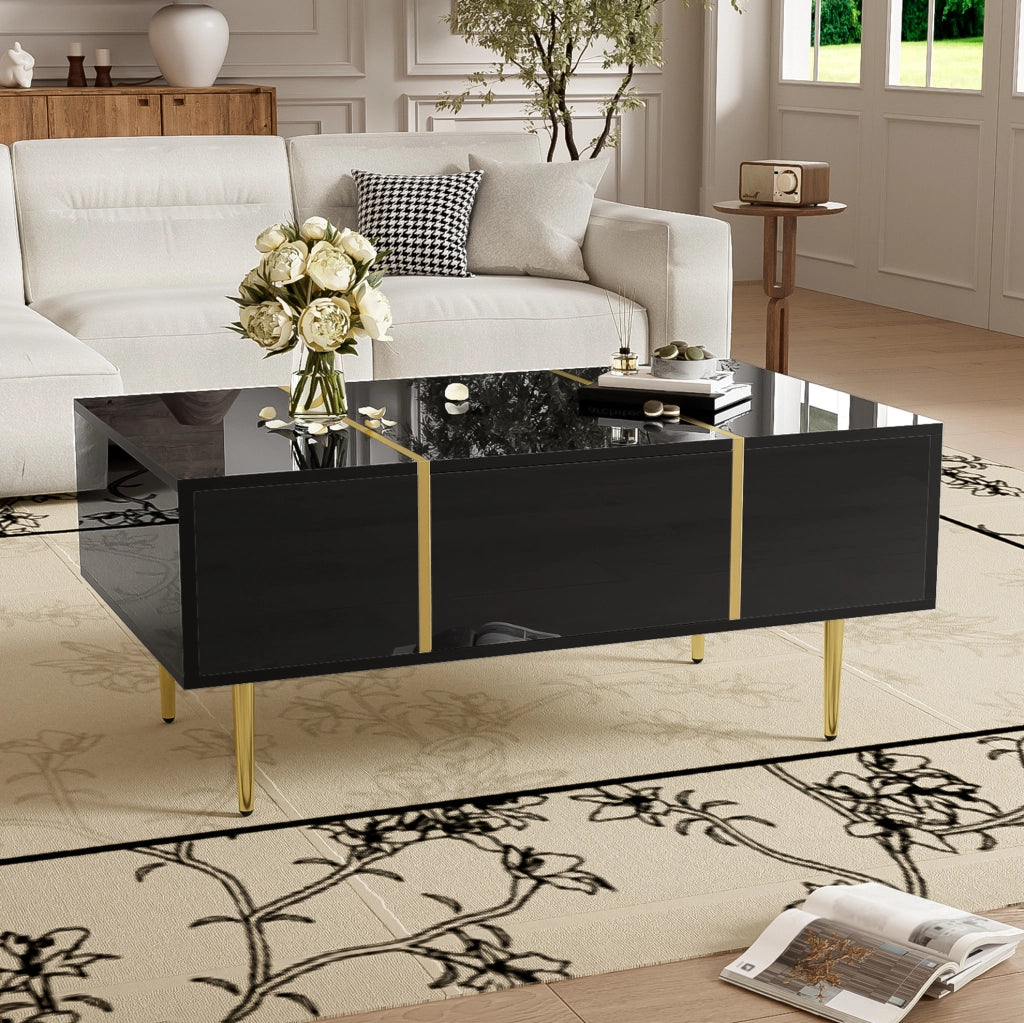 Tavolino da salotto moderno nero lucido con 2 cassetti e dettagli dorati, 100x60x41,5 cm