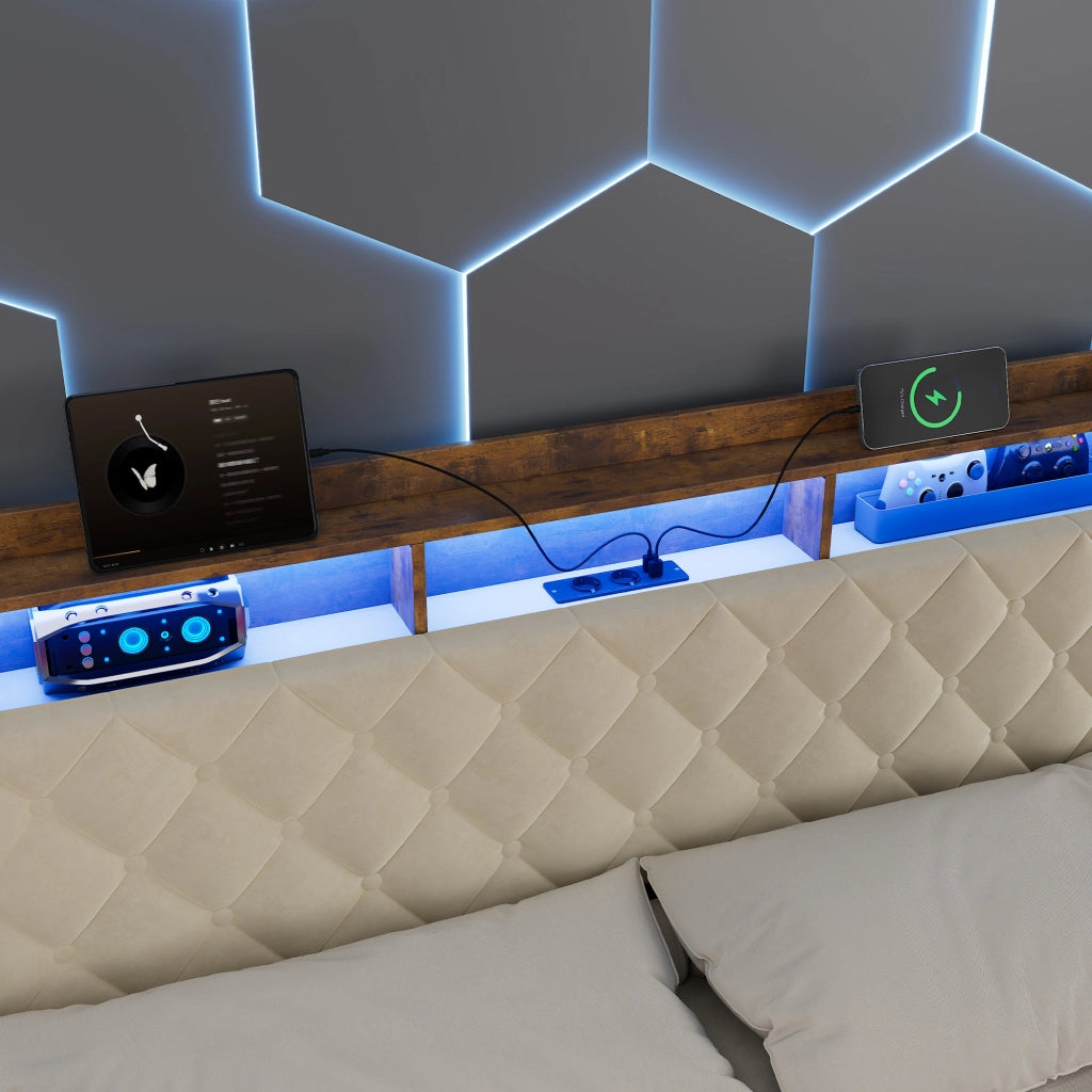 Letto contenitore imbottito 160x200 cm con luce LED; presa elettrica e porta USB; velluto; beige; senza materasso