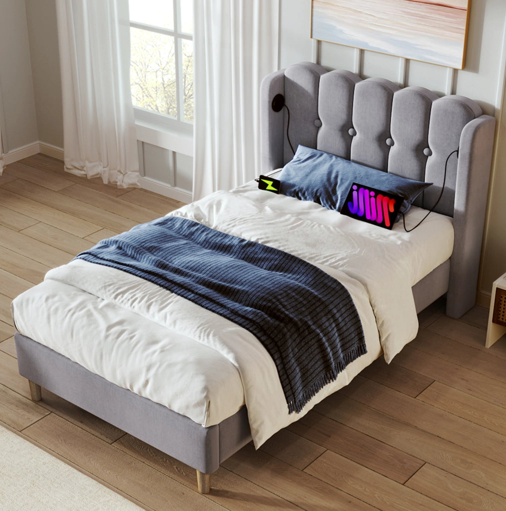 Letto singolo imbottito grigio con ricarica USB e Tipo-C 90x200 cm