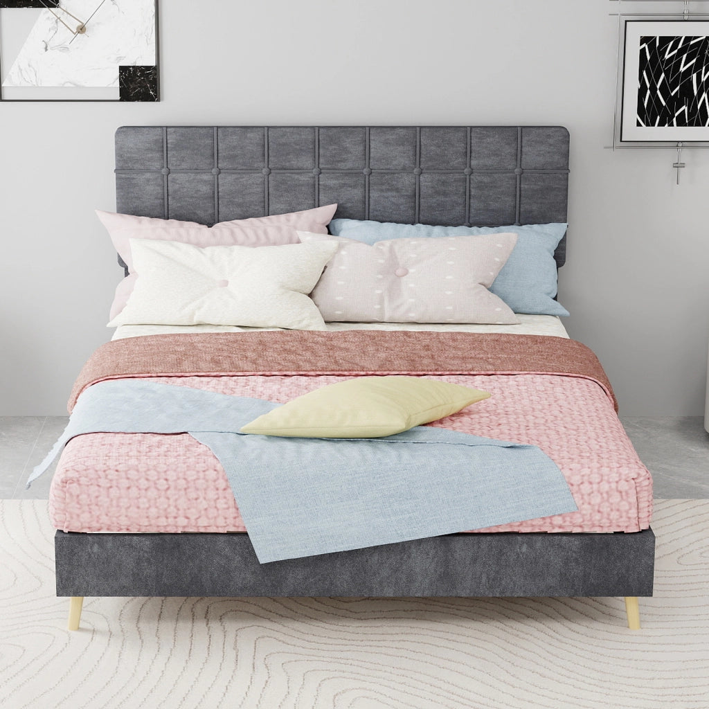Letto matrimoniale 140 ¡Á 200 cm in velluto grigio con testiera imbottita trapuntata e struttura in legno