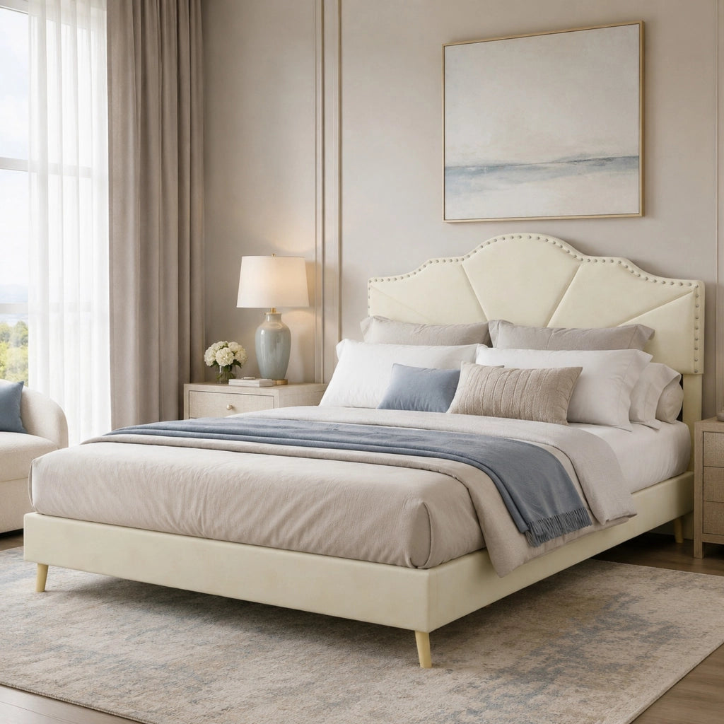Letto matrimoniale imbottito con testiera geometrica 140x200 cm; tessuto beige