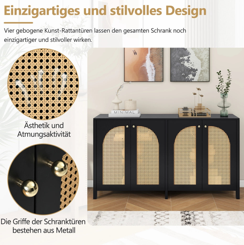 Credenza a 4 ante in rattan sintetico con ripiani regolabili; MDF e metallo; nera