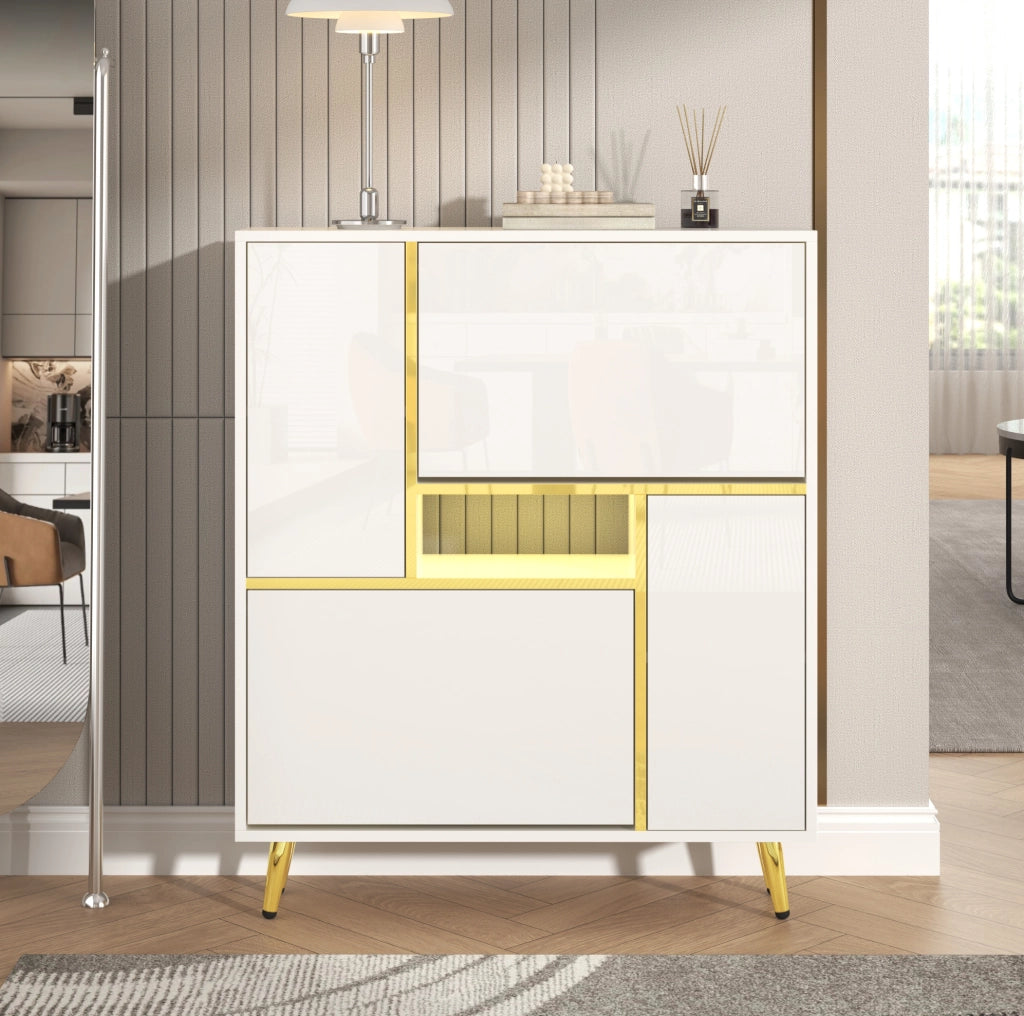 Scarpiera moderna bianca con anta lucida e luce LED 16 colori, 80x25x96 cm