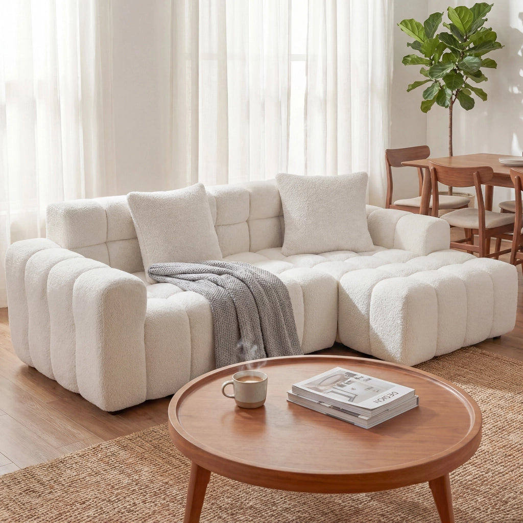 Divano angolare modulare a L; chaise longue; seduta confortevole; ciniglia bianca testurizzata; per soggiorno o studio; 249;94x99;06x59;94 cm