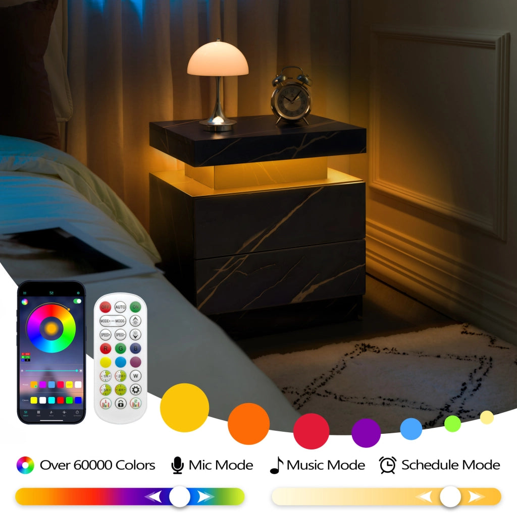 Set di 2 comodini ULEVR con LED multicolore regolabile, 2 cassetti e vano aperto, nero e oro