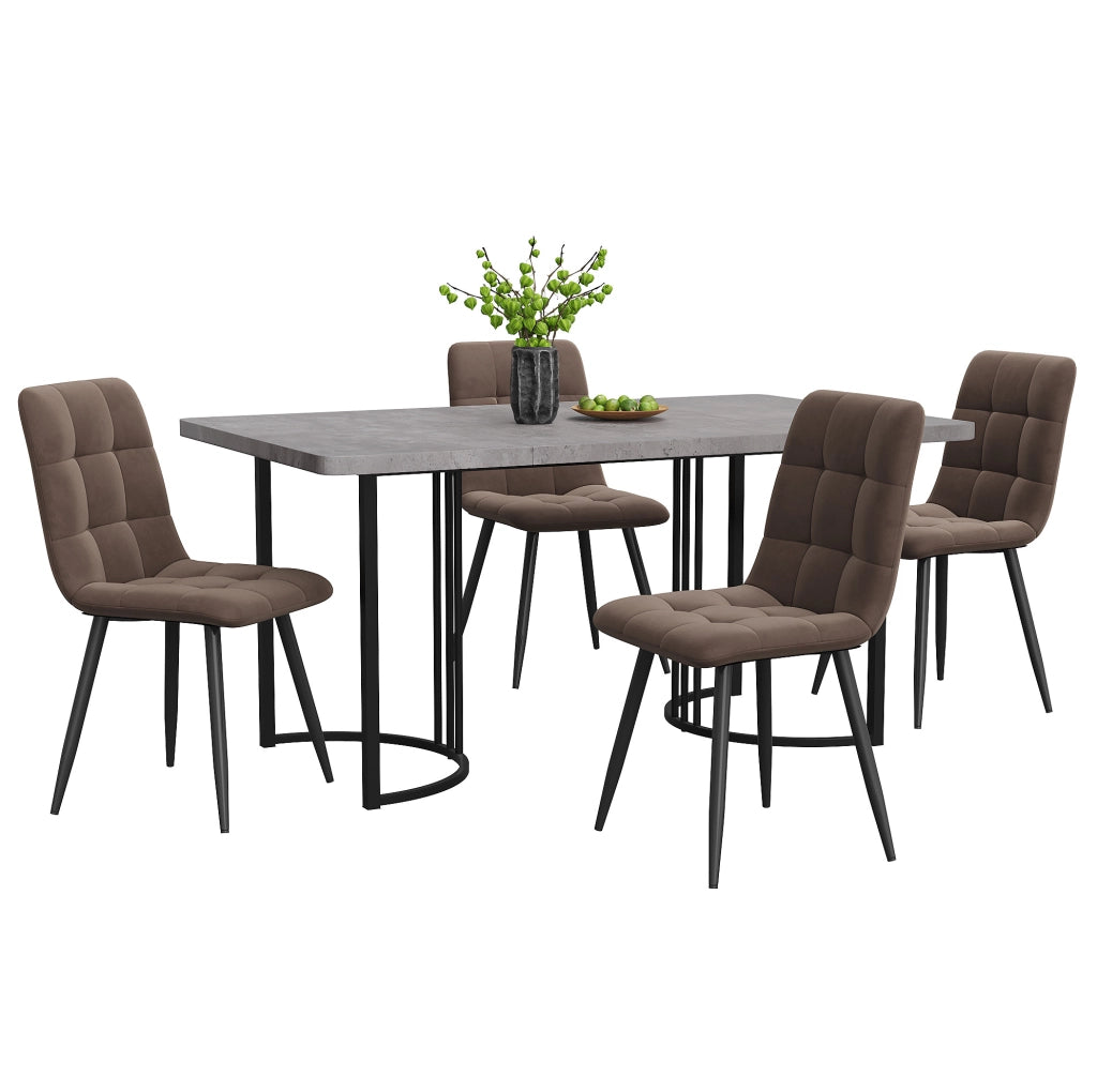 Set da pranzo moderno 5 pezzi con tavolo 140x80 cm in MDF grigio e 4 sedie in velluto marrone con gambe in metallo nero