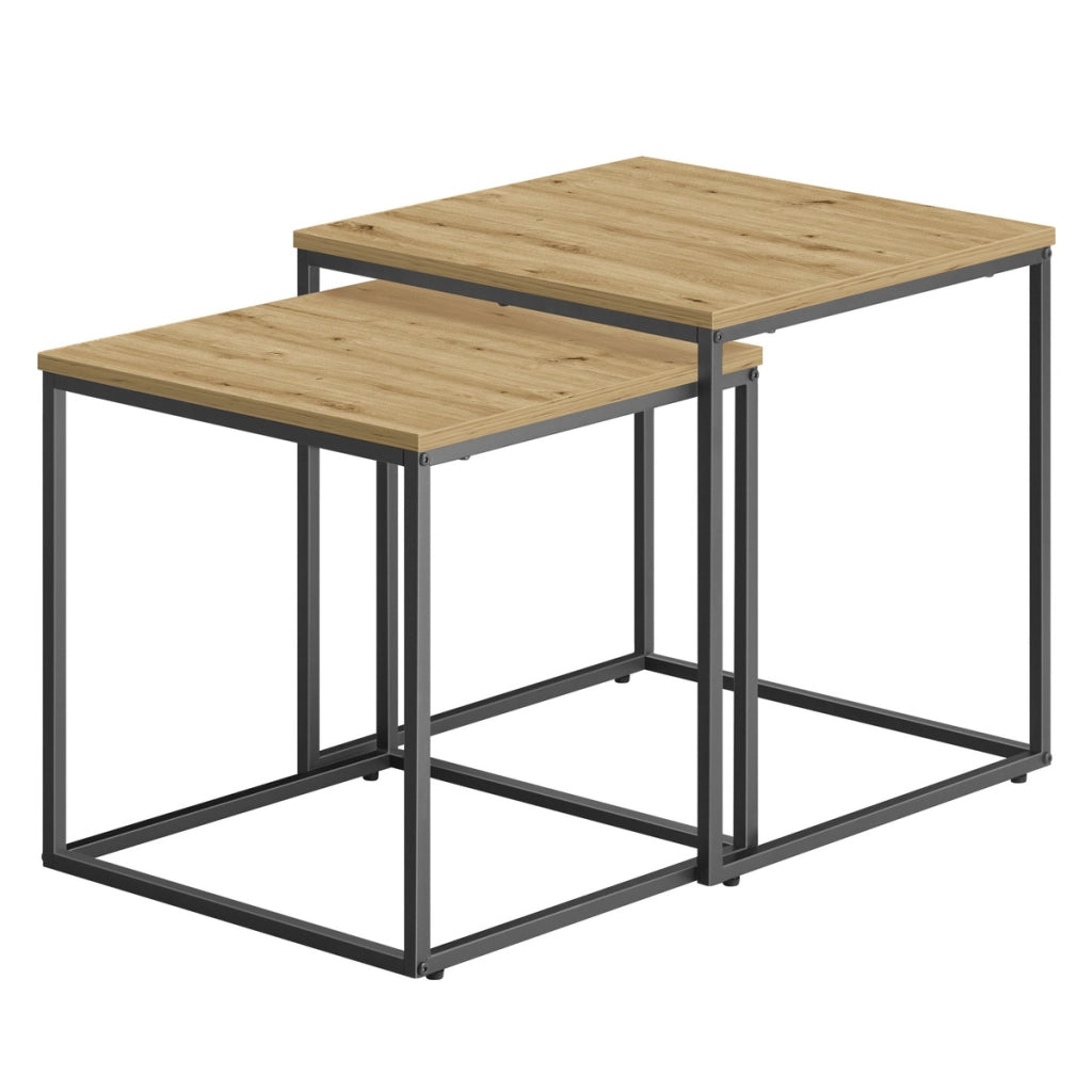 Set di 2 tavolini da salotto Nesting rovere e metallo nero