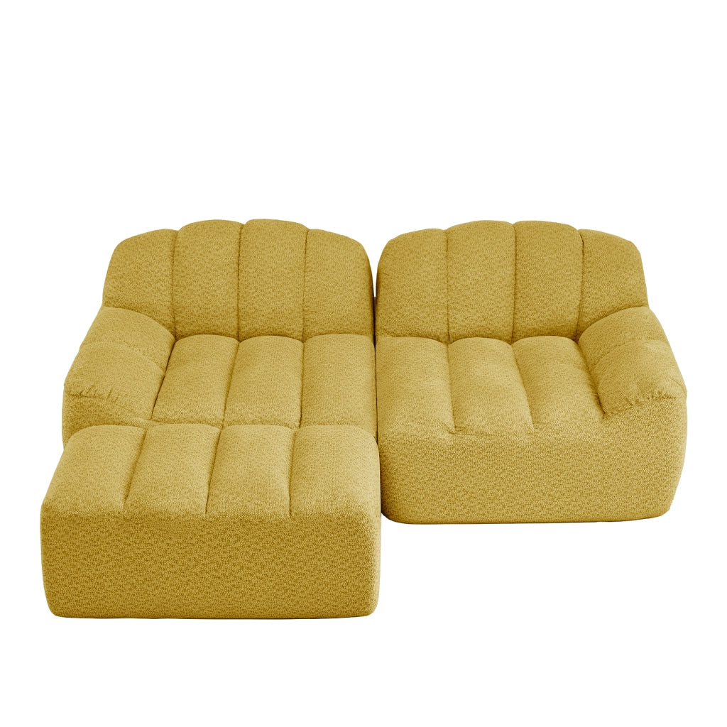 Divano angolare modulare senza struttura con seduta ampia e pouf per soggiorno in pile granulato giallo 210 × 165 × 79 cm