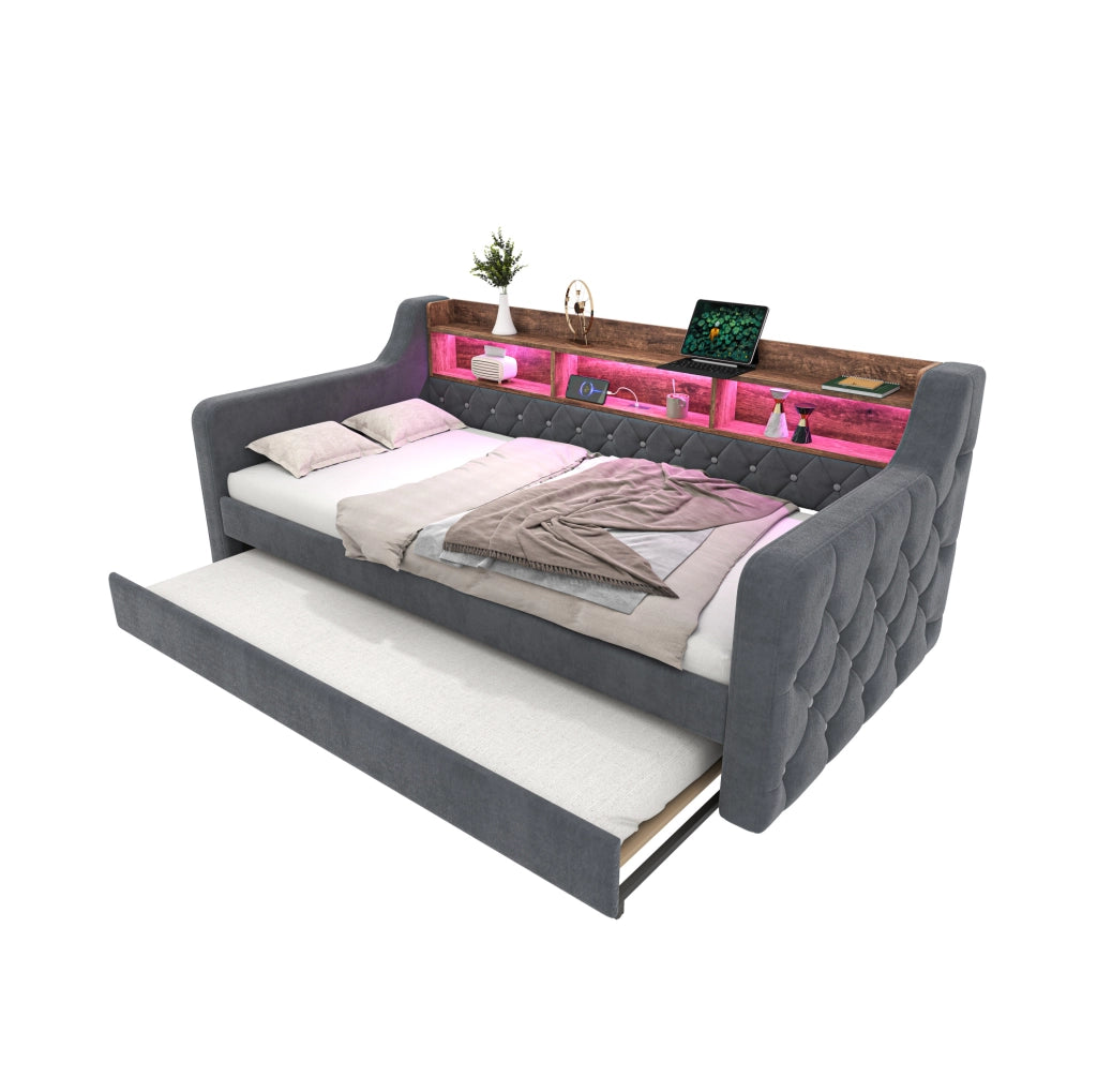 Divano letto 90x190 cm estraibile con contenitore in velluto grigio scuro