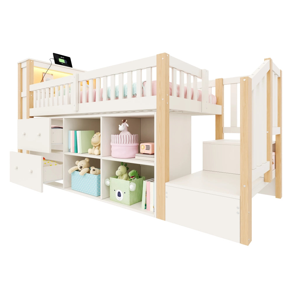Letto a soppalco 90 × 200 cm con scrivania scale contenitore LED USB e USB-C in pino e MDF naturale