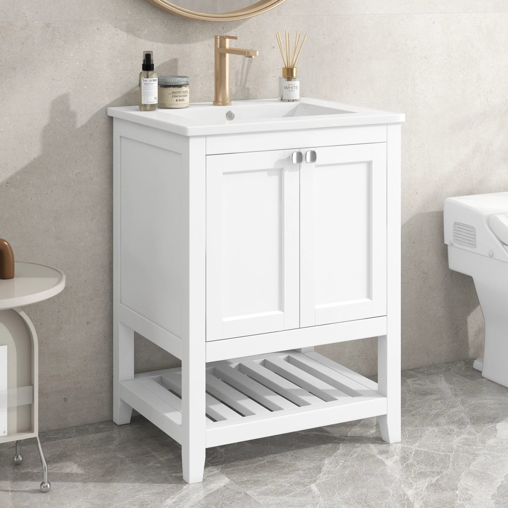 Mobile bagno con lavabo in ceramica, bianco, con base a pavimento e doppio colli