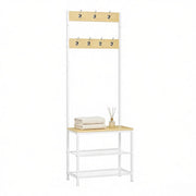 Mobile da ingresso con 7 ganci doppi, panca e 2 ripiani per scarpe, in metallo e legno, bianco, 60 × 31,5 × 170 cm
