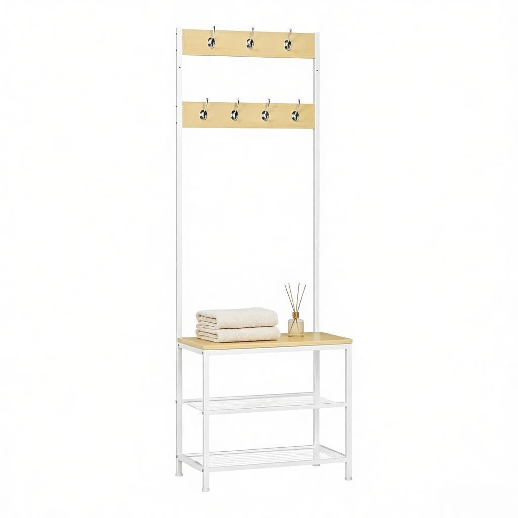 Mobile da ingresso con 7 ganci doppi, panca e 2 ripiani per scarpe, in metallo e legno, bianco, 60 × 31,5 × 170 cm