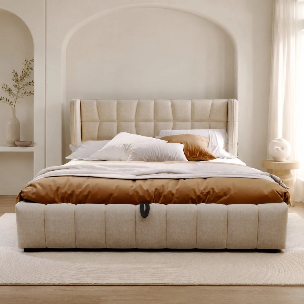 Letto imbottito contenitore beige 180 x 200 cm con sollevamento