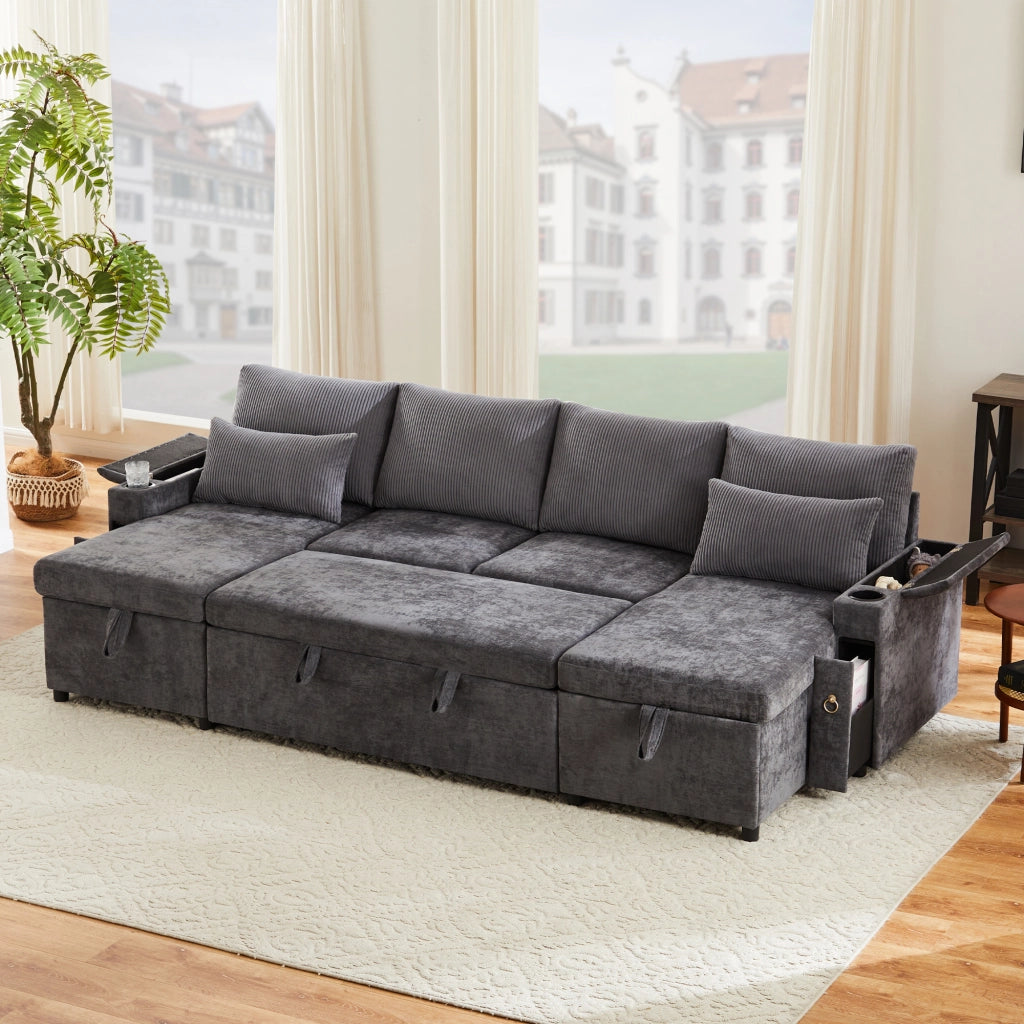 Divano letto modulare a U 4 posti con portabicchieri e contenitore; grigio